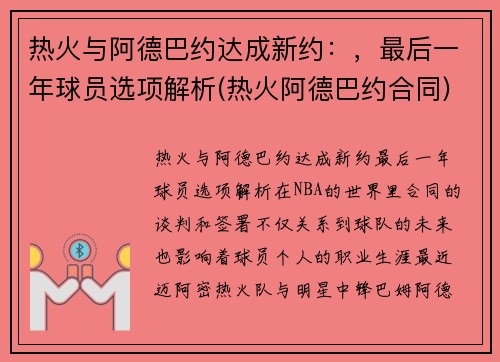 热火与阿德巴约达成新约：，最后一年球员选项解析(热火阿德巴约合同)