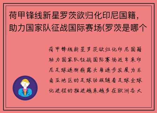 荷甲锋线新星罗茨欲归化印尼国籍，助力国家队征战国际赛场(罗茨是哪个县)