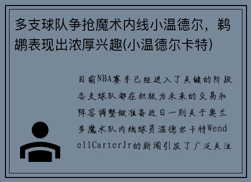 多支球队争抢魔术内线小温德尔，鹈鹕表现出浓厚兴趣(小温德尔卡特)