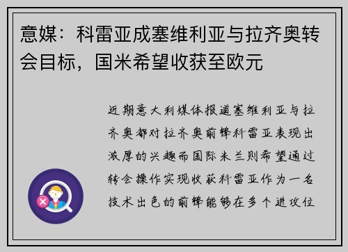 意媒：科雷亚成塞维利亚与拉齐奥转会目标，国米希望收获至欧元